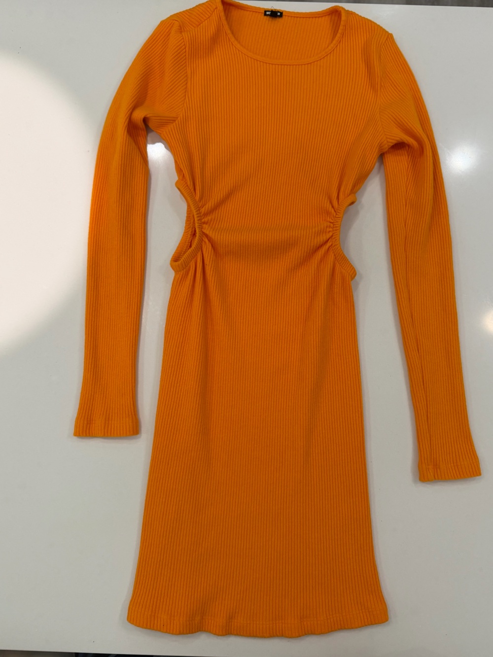 Monrow Orange Ribbed Long Sleeve Top with Gathered Waist